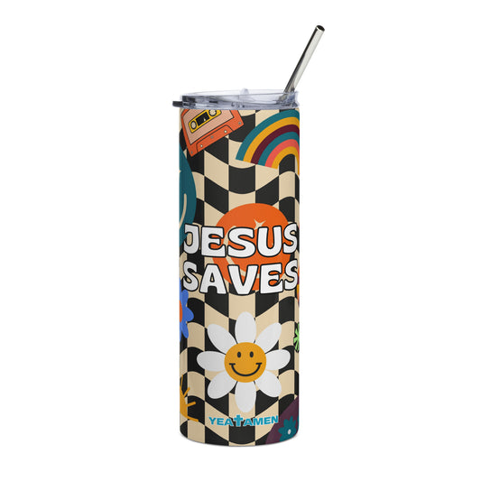 Yea Amen "Jesus Saves" groovy tumbler, close-up of checkered design